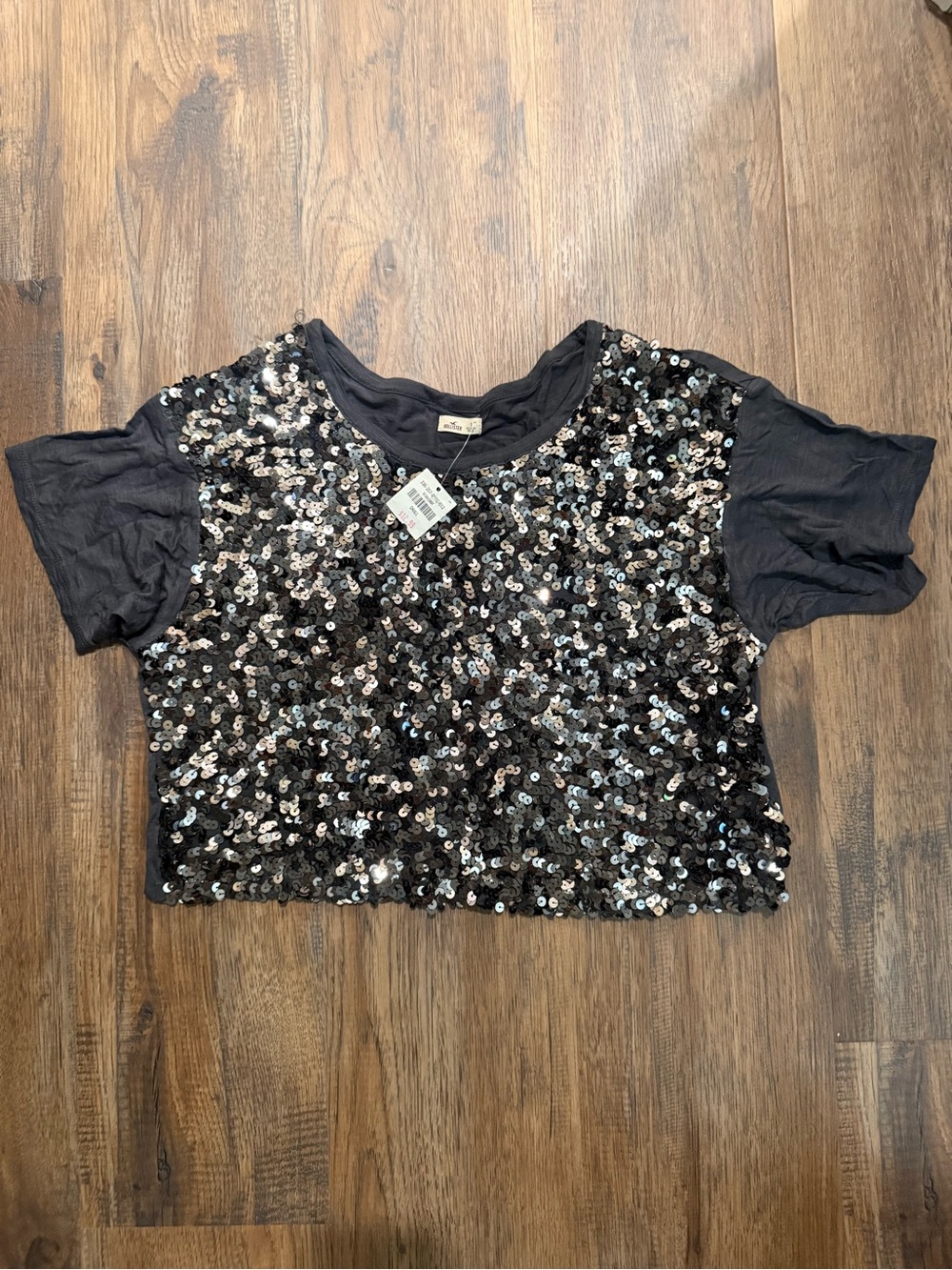 Hollister Black Sequin Front Crop Top
